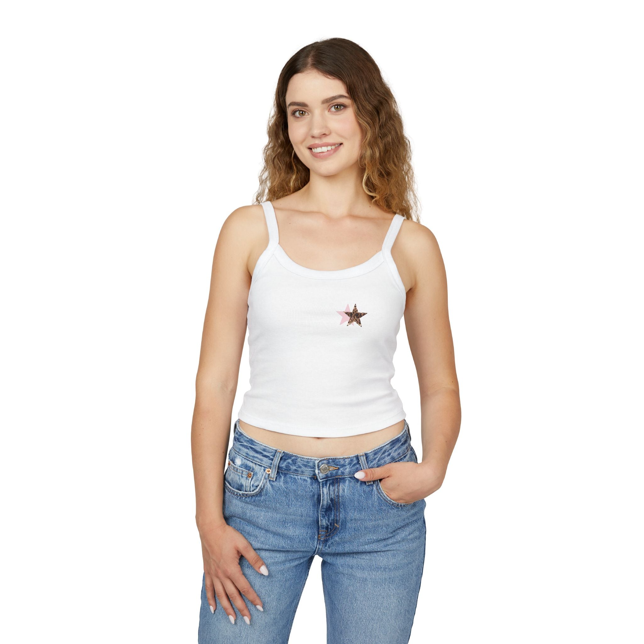 Star & Floral Crop Tank Top — Pink Glitter Star Chest with Back Floral Accent